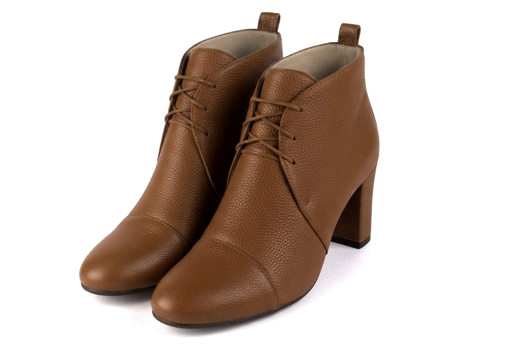 Women's cognac front lace-up ankle boots with round toe and mid comma heel - Front view